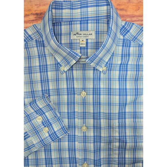 Peter Millar Mens Medium Blue Plaid Button-Down Shirt Summer Comfort Nylon Blend - Picture 4 of 7